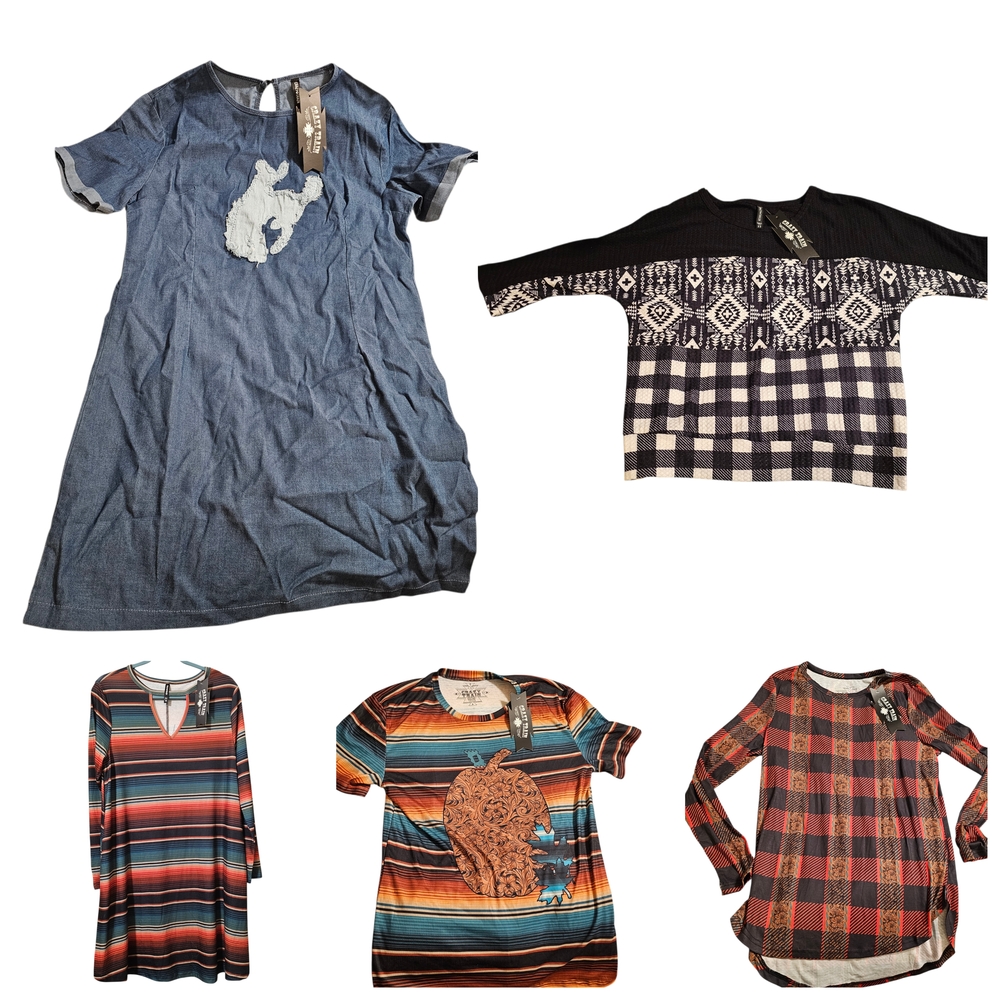 Crazy Train Women's Tops & Dresses, Blue Chambray Dress, Patterned Knit & Plaid